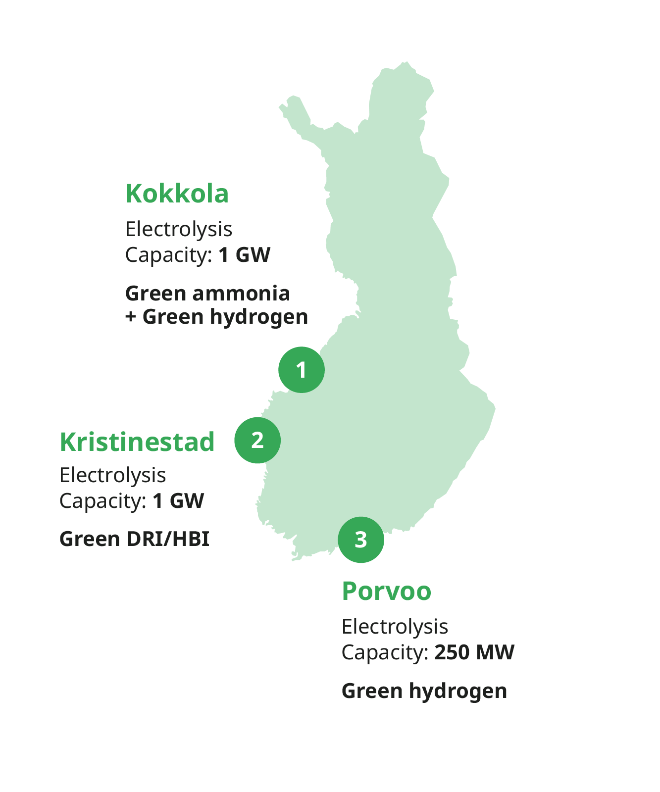 Map of Finland, showing the locations of Plug Power's planned investment.