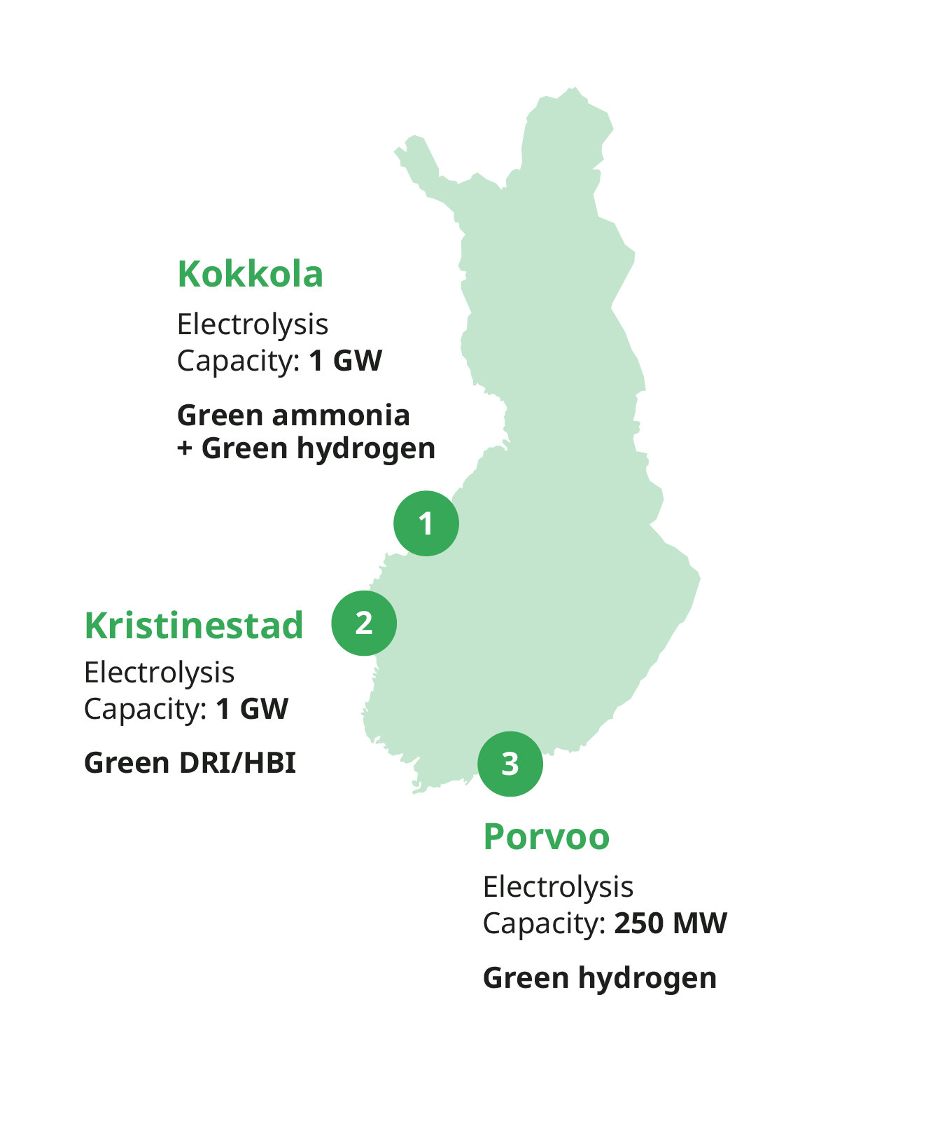 Map of Finland, showing the locations of Plug Power's planned investment.